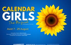 A sunflower on a blue background with the words "Calendar Girls, the Musical" beside it.